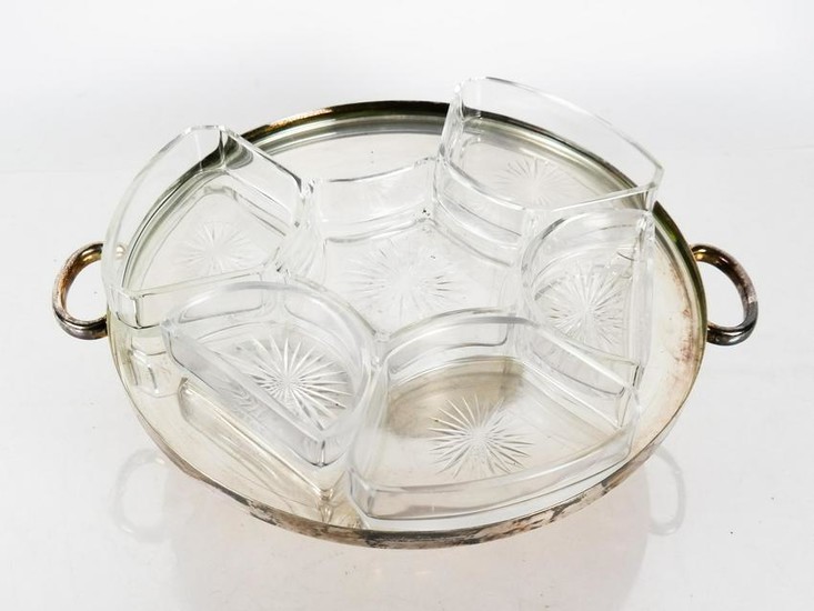Silver Plate Lazy Susan with 6 Glass Dishes