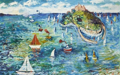 Simeon Stafford, British b.1956 - St. Michel's Mount; oil on canvas, signed lower right 'Simeon', 92 x 121.5 cm (unframed) (ARR)