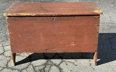Small 19th century pine lift top storage chest w/cut out sides in old red paint, measures 31.5"W x
