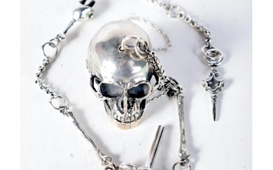 Solid Silver Fob Watch Chain & Gothic Skull Snuff Container....