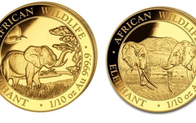 Somalia - 2x100 Shillings 2019 +2020 Wildlife Elefant - 1/10 oz Goldmünzen - Gold