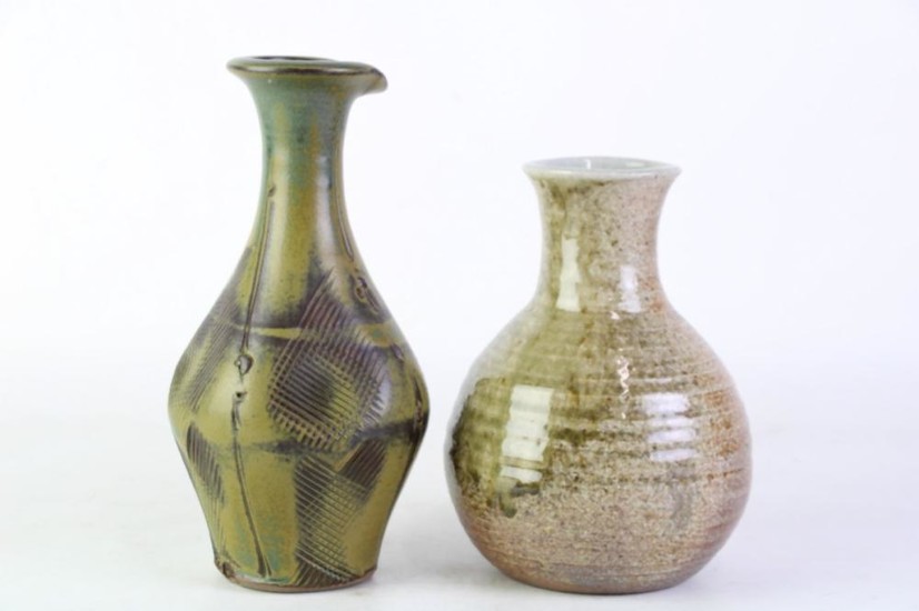 Spatter Glaze Studio Pottery Vase Together with a Lipped Vase with Incised Detailing, in Brown Tones, signed and stamped to bases, h...