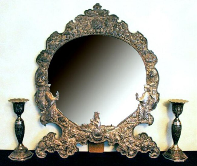 Sterling Silver Rococo Style Table Mirror With Candle