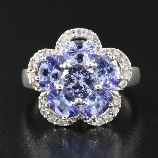 Sterling Tanzanite and Sapphire Floral Cluster Ring
