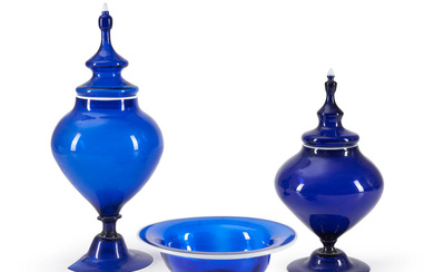 THREE COBALT BLUE GLASS ITEMS WITH APPLIED WHITE RIM