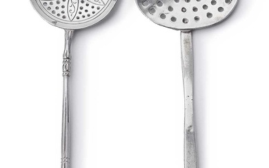 TWO DUTCH SILVER MINIATURE STRAINING SPOONS, THE FIRST UNMARKED, THE SECOND POSSIBLY ROTTERDAM, 19TH CENTURY