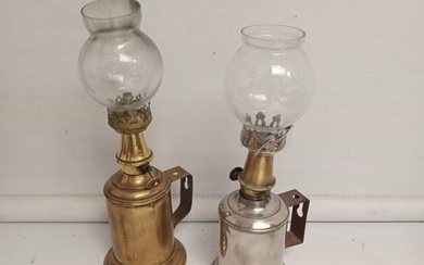 TWO FRENCH HAND-HELD OIL LAMPS, circa 1900s, (i) Brass base,...