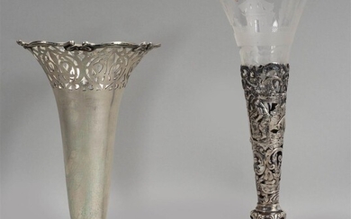 TWO SILVER TRUMPET VASES