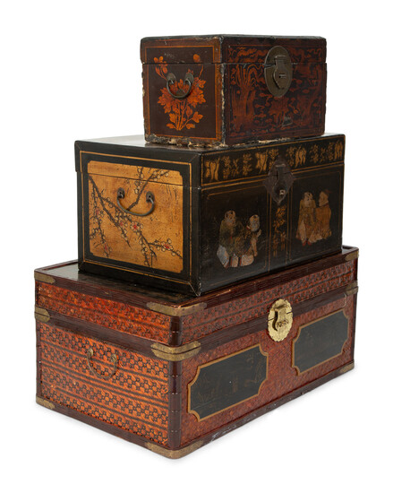 Three Chinese Wood and Lacquer Trunks