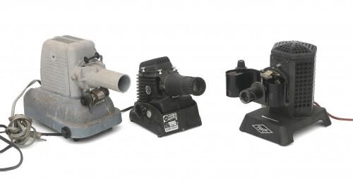 Three projectors for slides: Gold Chicago type 300p, Filmosto en Iewlex model 20-V, mainly 1930s/40s.