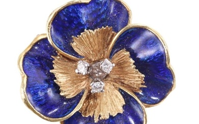 Tiffany & Co Vintage 18k Gold Diamond Enamel Flower Brooch