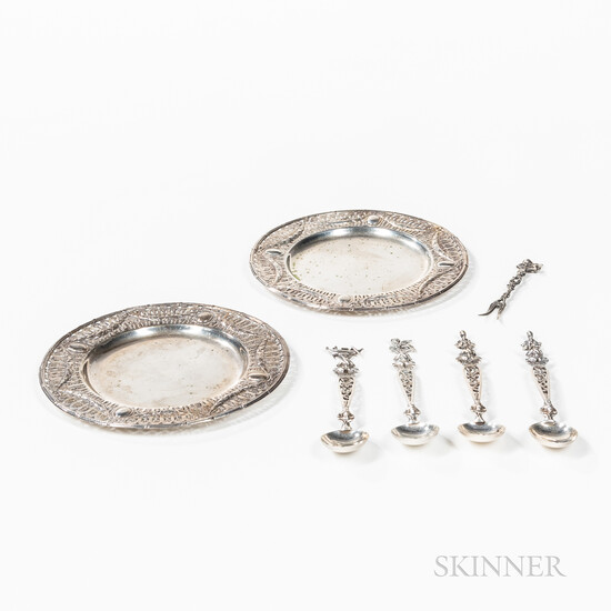 Two German .800 Silver Reticulated Dishes, and Five Pieces of Silver-plated Flatware