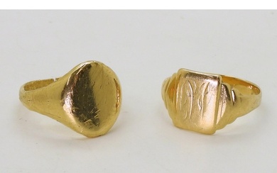 Two (af) signet rings, one hallmarked 18ct gold, the ot...