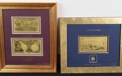Two framed Royal Mint pure gold banknotes and coin sets (2).