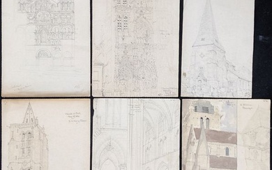 Une collection de dessins au crayon d'églises du 19ème siècle, français et anglais, chacun titré,...