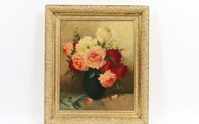 Unknown , American School (20th Century), Cabbage Roses, floral still life, oil on canvas, 30 3/4"H