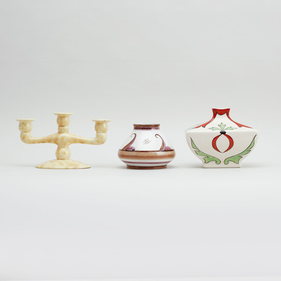 VASES, 2 pcs and CANDLEHOLDER, flintware Rörstrand, first half of the 20th century.