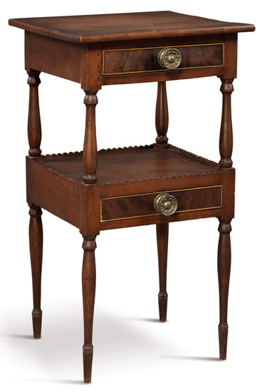 VERY FINE FEDERAL FIGURED CHERRYWOOD AND MAHOGANY WORK TABLE, NEW HAMPSHIRE, CIRCA 1800