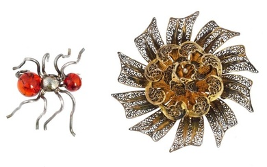 VINTAGE STERLING SILVER AMBER FILIGREE BROOCHES