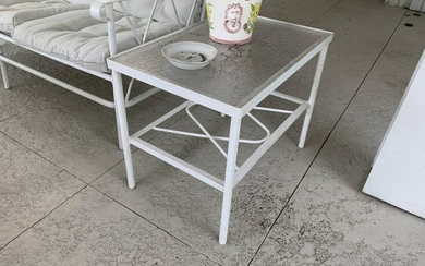 VINTAGE WHITE GLASS TOP PATIO END TABLE