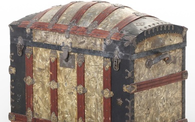 Victorian Pressed Metal and Oak-Banded Domed-Lid Trunk