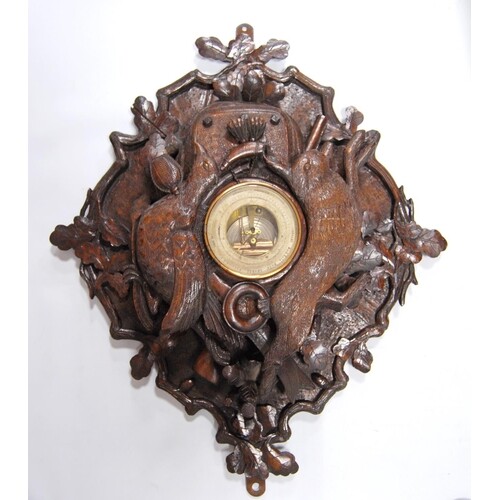 Victorian carved Black Forest wall panel barometer adorned w...
