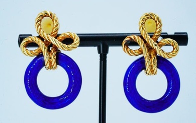 Vintage 18K Yellow Gold and Enamel 1.25" Drop Ear Clips
