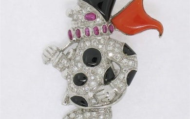 Vintage 18k White Gold Diamond Black Onyx and Coral Clown Brooch Pin