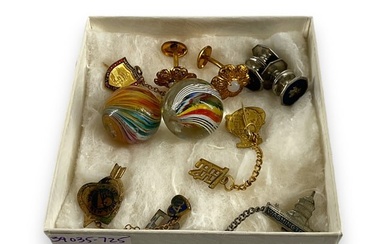 Vintage Commemorative Pins, Silver Shirt Studs, Cool Early Marbles