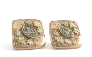 Vintage Diamond Leaf Large Square Stud Earrings in 14K Pink Rose Gold, 9.6 Grams