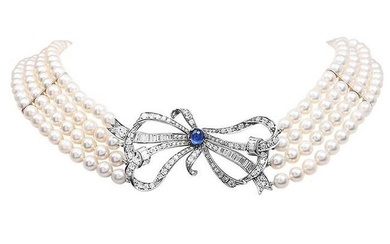 Vintage Diamond Sapphire Platinum Bow Pendant Multi Strand Pearl Necklace