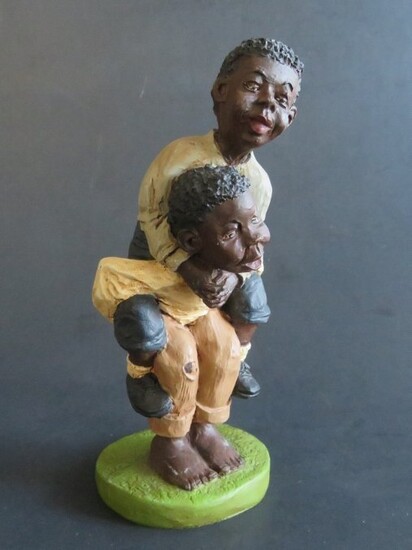 Vintage Figurine, Playing Boys African American Folk Art 1980s