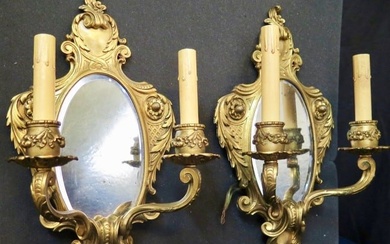 Vintage Pair of French Gilt Bronze Two Candlestick Mirrored Sconces