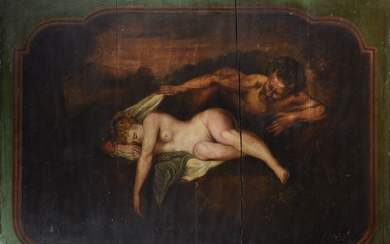 WATTEAU Jean-Antoine (1684-1721) (D'après) "Nymphe et satyre" dit aussi "Jupiter et Antiope" Huile sur panneau...