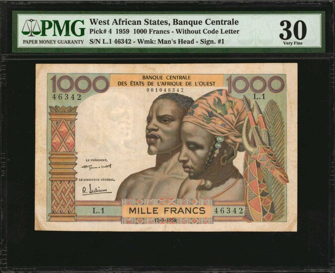 WEST AFRICAN STATES. Banque Centrale Des Etats De L'Afrique De L'Ouest. 1000 Francs, 1959. P-4. PMG Very Fine 30.