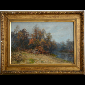 Walter Follen Bishop ( Liverpool 1856 - 1936 ) , "Paesaggio con fiume" olio su tela (cm 51x76) Firmato in basso a destra. In cornice (difetti)