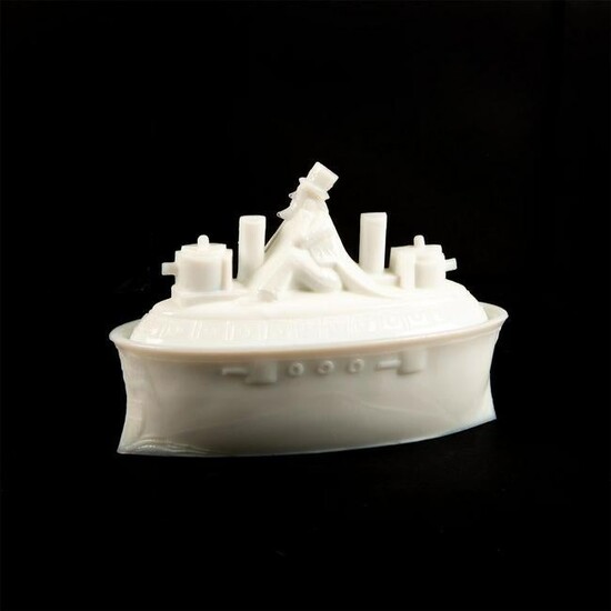 White Glass Covered Dish Battleship With Uncle Sam