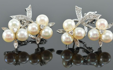 White gold pearl and diamond mounted flower form