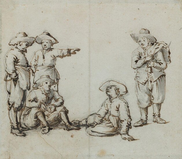 Willem van de Velde the Elder, Dutch 1611-1693- A group of fishermen conversing; black chalk, pen and black ink, and grey wash on laid paper, 13.8 x 16.4 cm. Provenance: With P. & D. Colnaghi & Co., London.; Private Collection, UK, since 1966.; By...