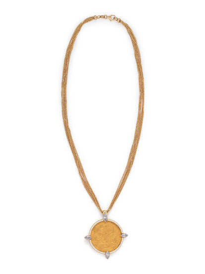 YELLOW GOLD, COIN AND DIAMOND PENDANT/NECKLACE