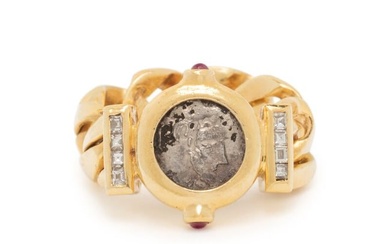 YELLOW GOLD, COIN AND DIAMOND RING