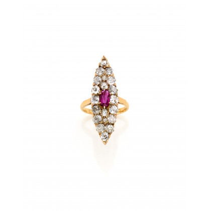 Yellow 9K gold marquise ring with an oval ruby and a total of ct. 1.60 circa old mine diamonds g...