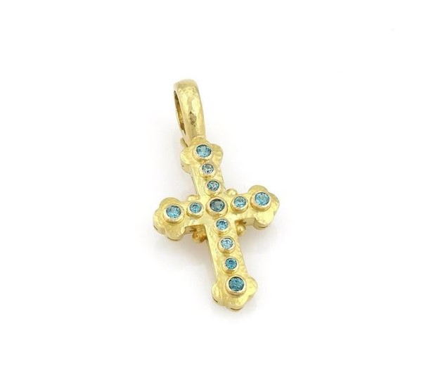 18K YG Byzantine Style Cross Pendant with Blue Zircon