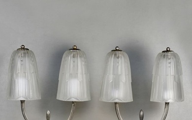 a pair of French art deco lamps by Georges Leleu - Lamp - Glass, nickeled bronze or solid brass