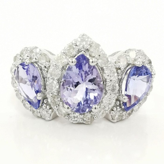 *no reserve*1.50 ct Blue Tanzanite & 0.75 ct F to I Diamond Designer Ring - 4.00 gr - 14 kt. White gold - Ring - 1.50 ct Tanzanite - Diamonds
