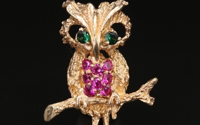 14K Ruby and Spinel Owl Brooch