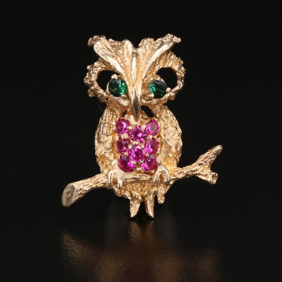 14K Ruby and Spinel Owl Brooch