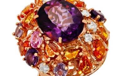 14k Rose Gold 8.75ct Amethyst 6.14ct Multi-Stone 0.76ct Diamond Ring
