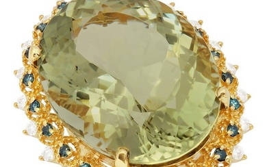 14k Yellow Gold 30.72ct Green Amethyst 0.34ct & 0.53ct Diamond Ring