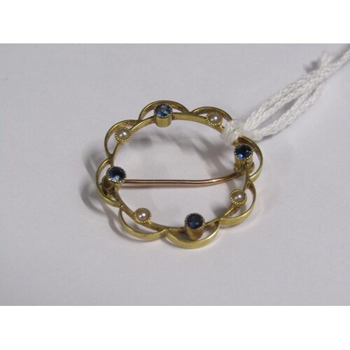 15ct GOLD SAPPHIRE AND SEED PEARL SET WREATH BROOCH 3.5g